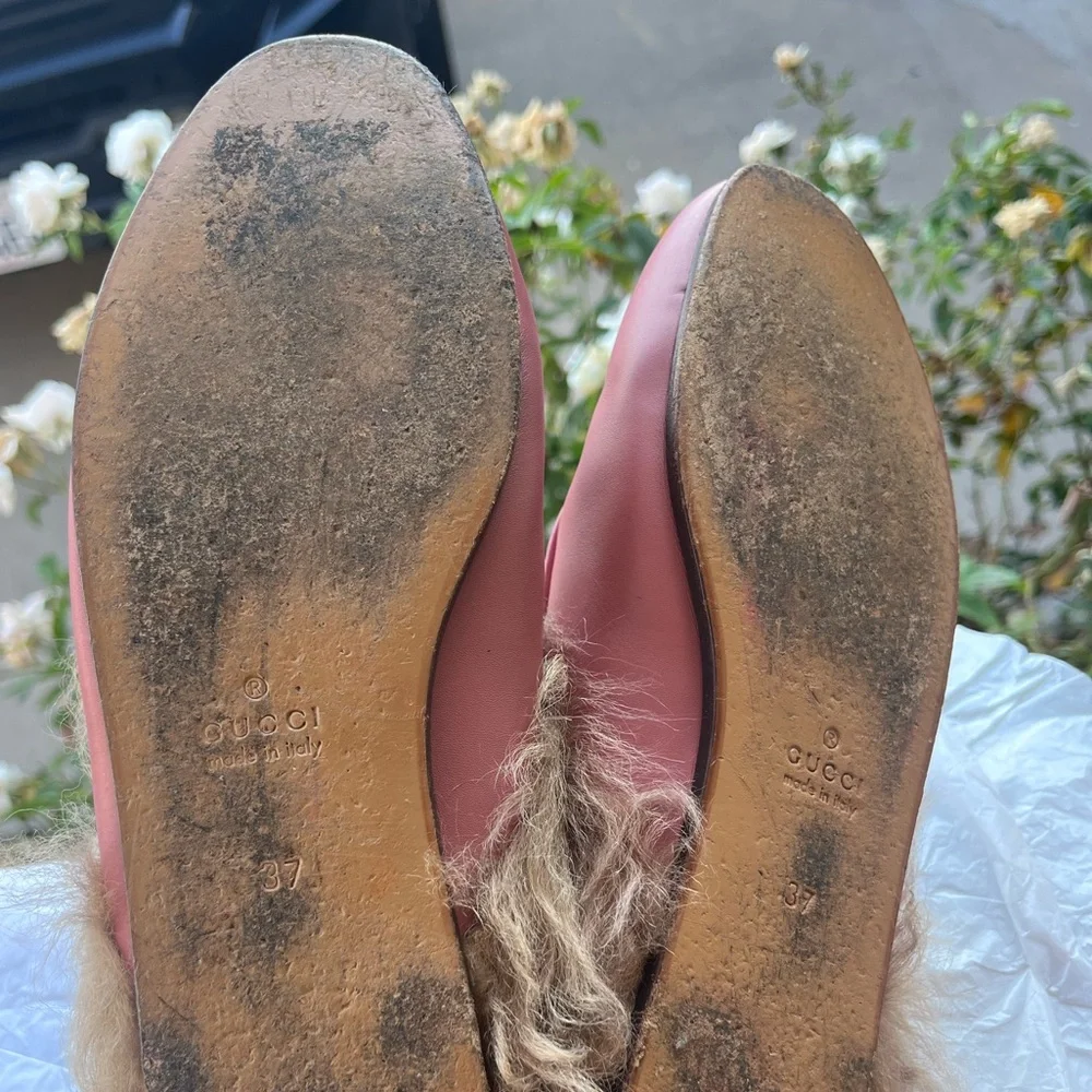 Gucci Pink Leather Fur-Lined Horsebit Mules - Picture 6 of 8
